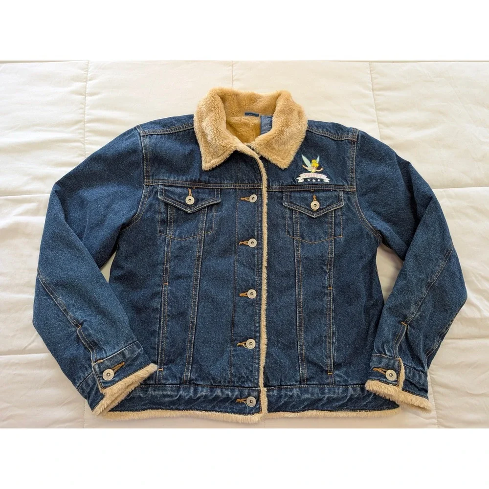 Disney Tinkerbell Feisty Denim Jacket Blue Sherpa Lined Y2K Medium Vintage Style - Picture 1 of 10